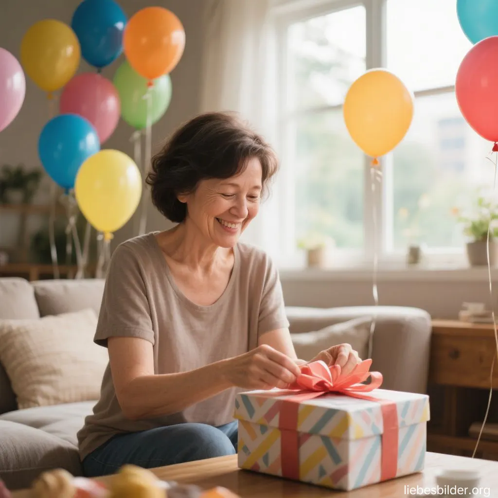 Frau mit Geschenk und Luftballons Freundin öffnet Geburtstagsgeschenk
