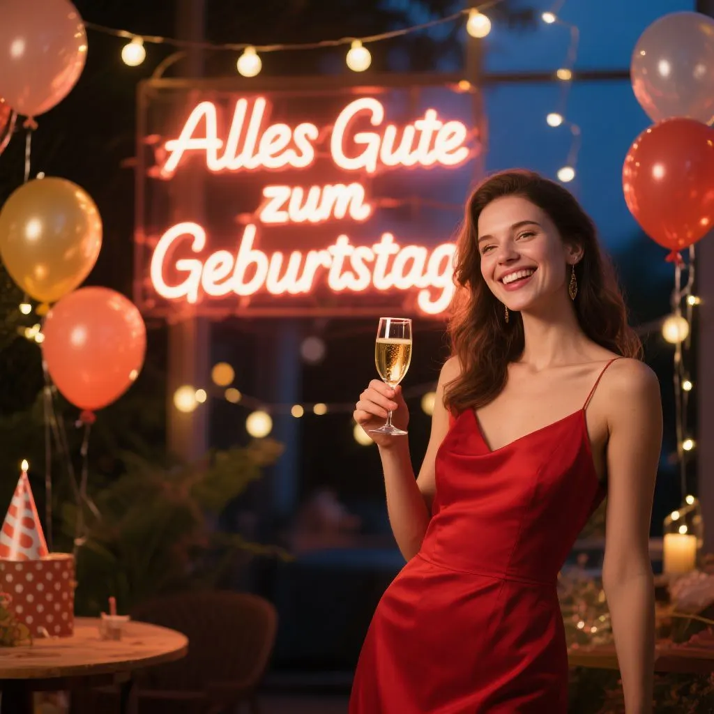 Frau mit Sektglas feiert Geburtstag